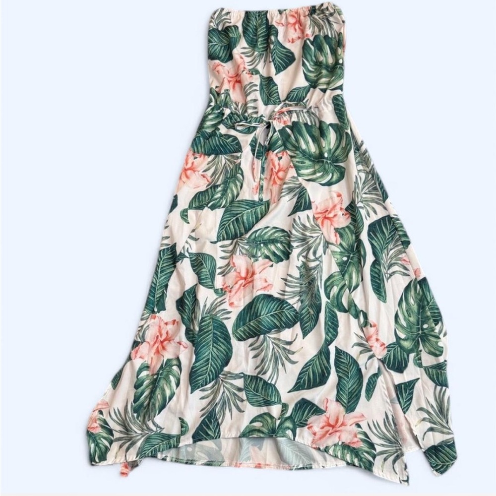 Strapless Tropical Leaf Print Maxi Dress in Cream & Green